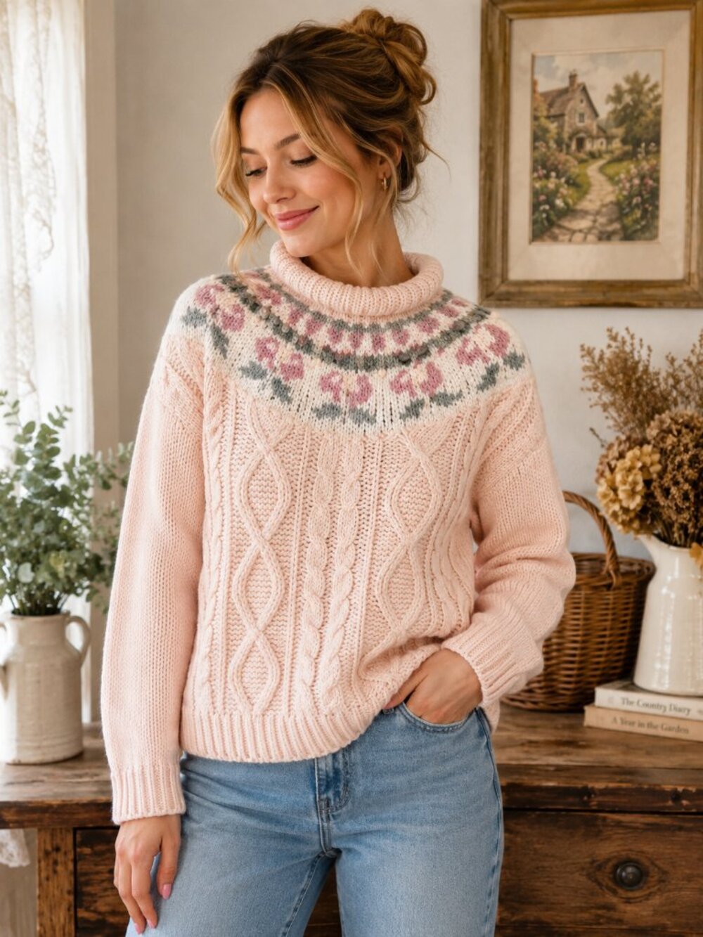 Vintage Huntington Ridge Hand Knit Sweater Womens M Peach Floral Fair Isle